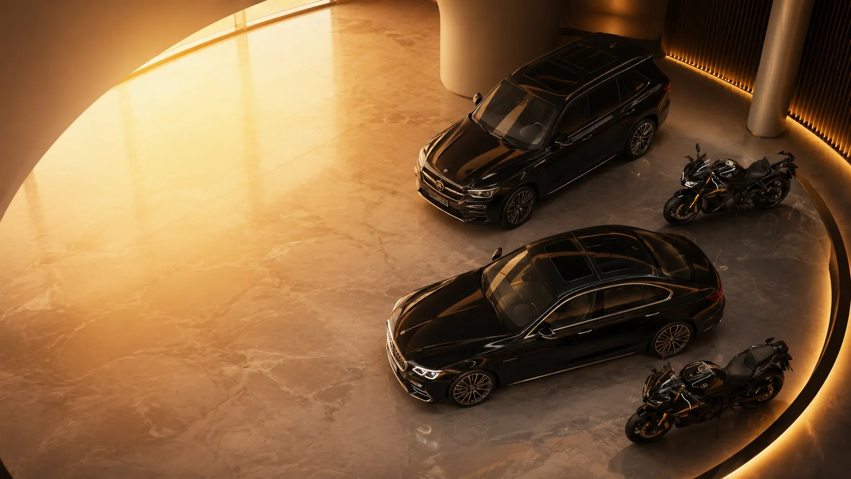 Dairəvi showroomda premium avtomobil və motosiklet kolleksiyası