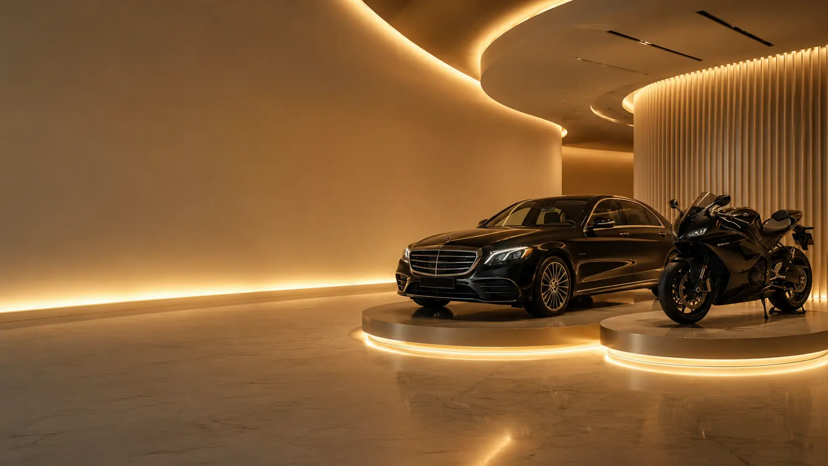 Müasir showroom podiumlarında qara sedan və motosiklet