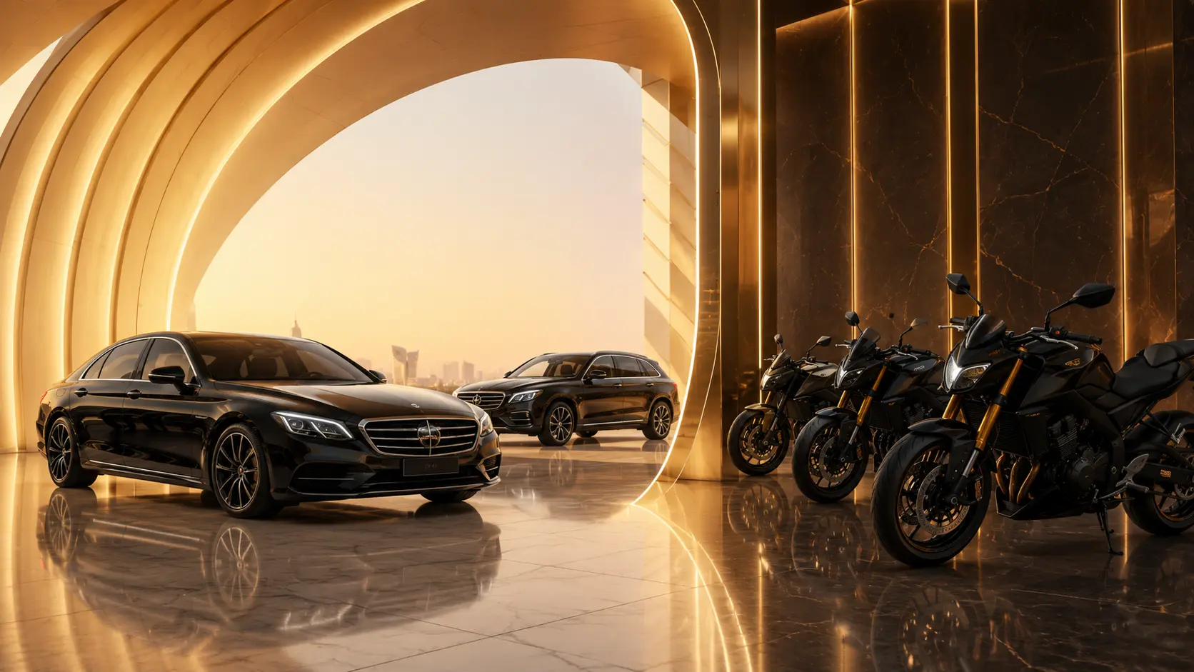 Müasir işıqlandırılmış showroomda premium sedan və SUV