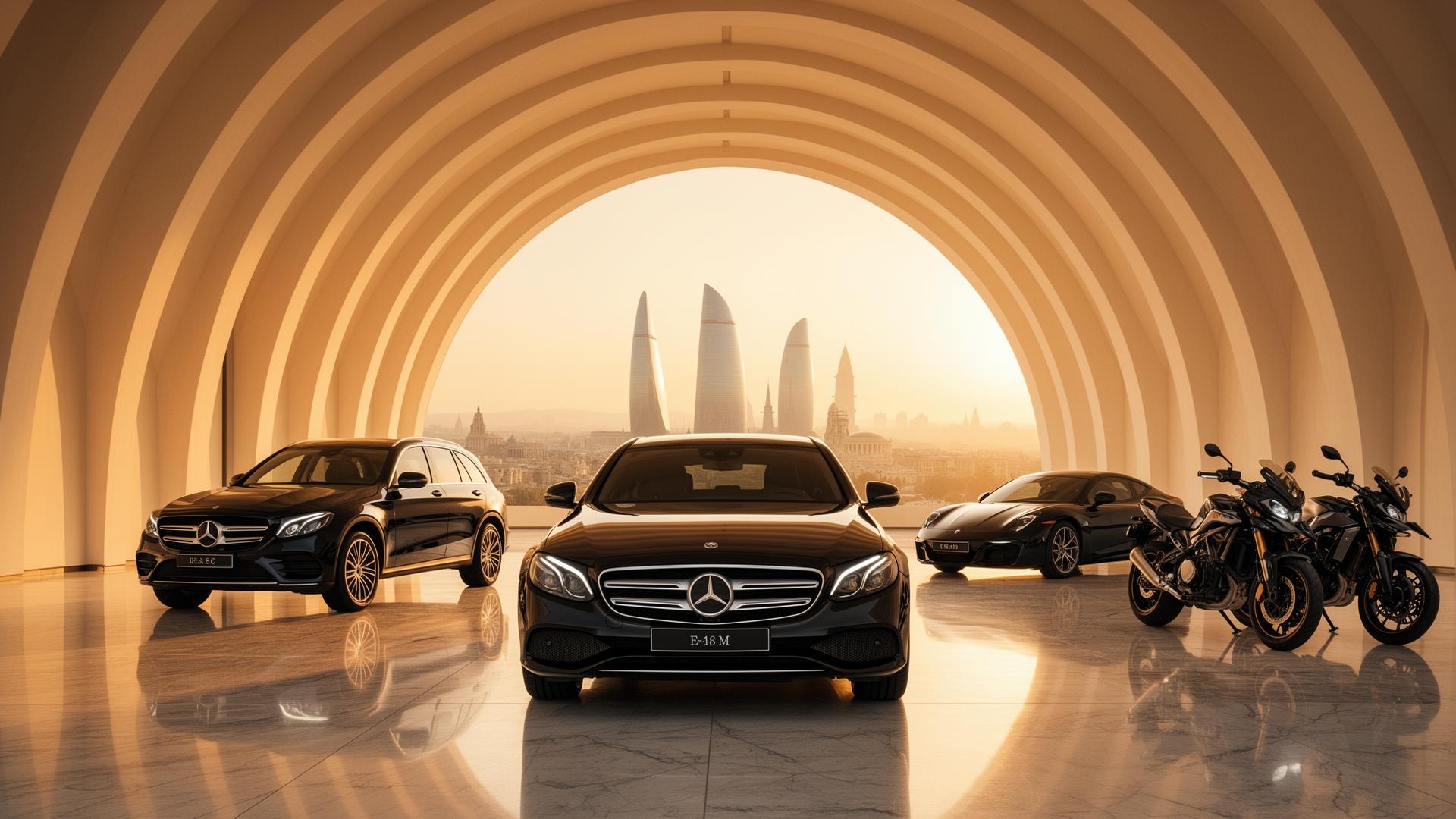 Premium showroom: Mercedes-Benz sedan və SUV, sporty coupe və motosikletlər Bakı fonunda